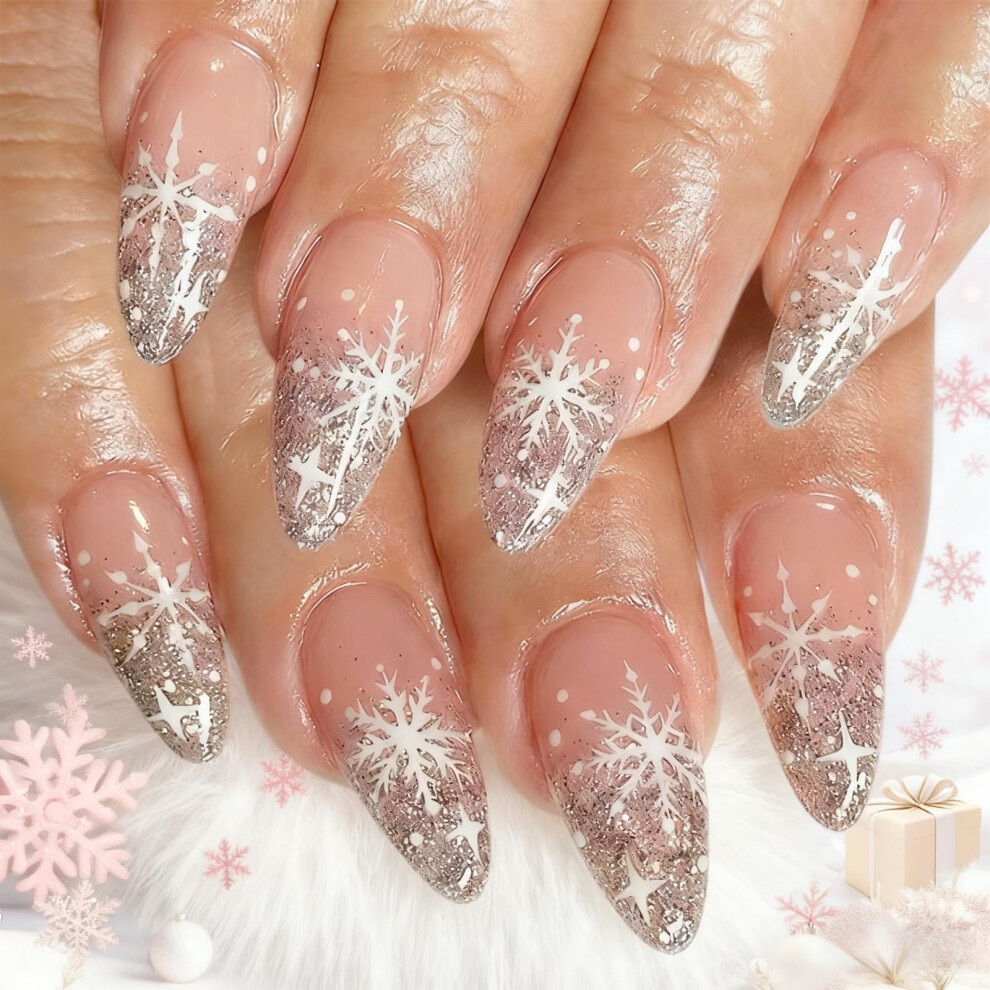 Shebeedo Christmas Almond French Tip False Nails, 24Pcs Glitter Pink Oval Shaped Press On Nails With White Snowflakes Design, Reusable Fake Nails Almond