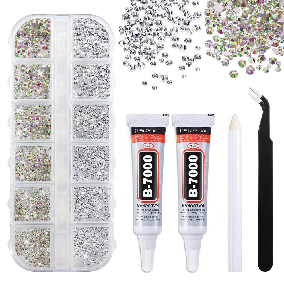Kaluofan Silver Rhinestones For Crafts, Clear Flatback Nail Gems, 1728 Pcs Rhinestones With B7000 Glue Tweezers And Picking Pen