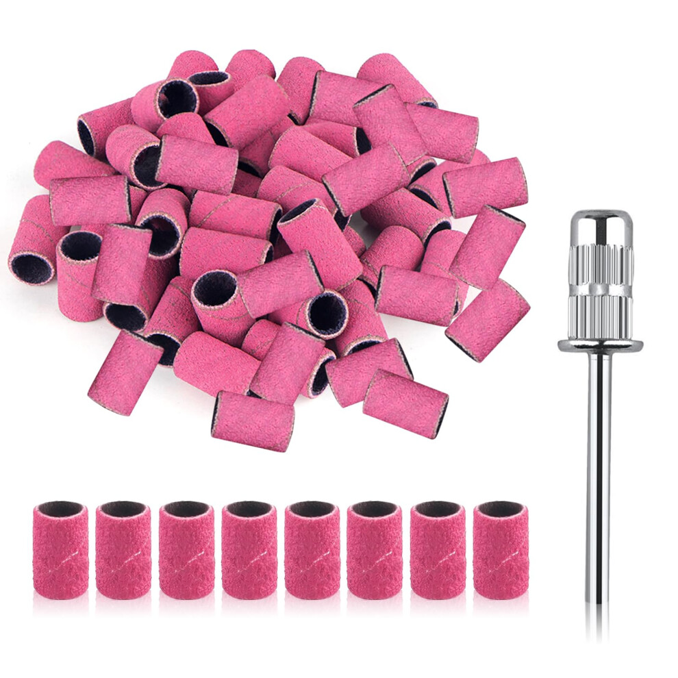 Senzee Pink Sanding Bands For Nail Drill 240 Grit, 100 Pcs Fine Nail Drill Sanding Bands 240# Grits With Mandrel Bits Kit For Nails Art Manicure