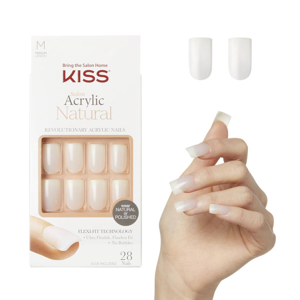 Kiss Salon Acrylic Natural Collection, Euphoria, Medium Length Square Fake Nails Includes 28 False Nails, Nail Glue, Nail File, And Manicure Stick