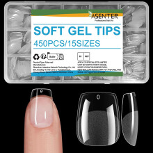 ASENTER XS Coffin Nail Tips, 450Pcs Half Matte Soft Gel, Clear Full Cover Acrylic False Press on Nails for Gel Polish & Nail Extensions