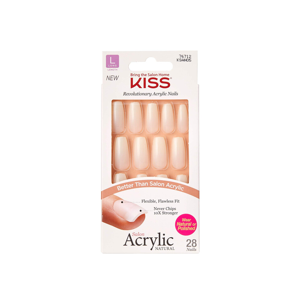 Kiss Salon Acrylic Natural Collection, Strong Enough, Long Length Square Fake Nails Includes 28 False Nails, Nail Glue, Nail File, And Manicure Stick