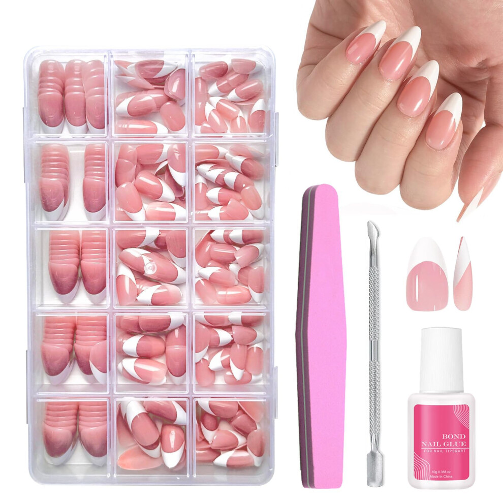 Eonfave False Nail Tips Kit - 240Pcs Almond Press On Nails With Glue - 15 Sizes French Tip Fake Nails