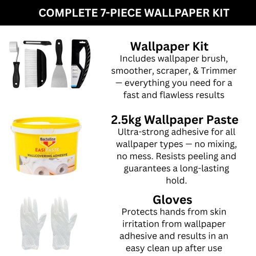 Wallpaper Paste Kit - Includes 2.5kg Ready Mixed Adhesive Paste and Kit Containing Smoother, Roller, Wallpaper Brush, Trimmer and Gloves 1
