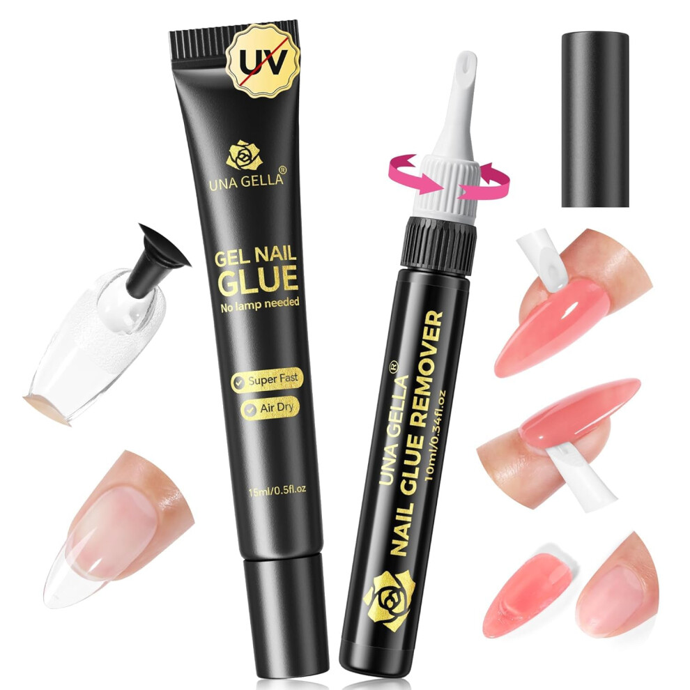 Una Gella 15Ml Quick Drying Semi Solid Nail Glue Gel With 10Ml Remover For Press On Nails Tips No Lamp Needed Strong Nail Gel Glue With 2 In 1