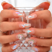 Sethexy Handmade Long Coffin False Nails Aurora Gradient Fake Nails Rhinestone Glitter Glossy Press On Nails Crystal Acrylic Sparkle Salon Quality