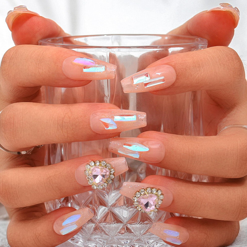 Sethexy Handmade Long Coffin False Nails Aurora Gradient Fake Nails Rhinestone Glitter Glossy Press On Nails Crystal Acrylic Sparkle Salon Quality