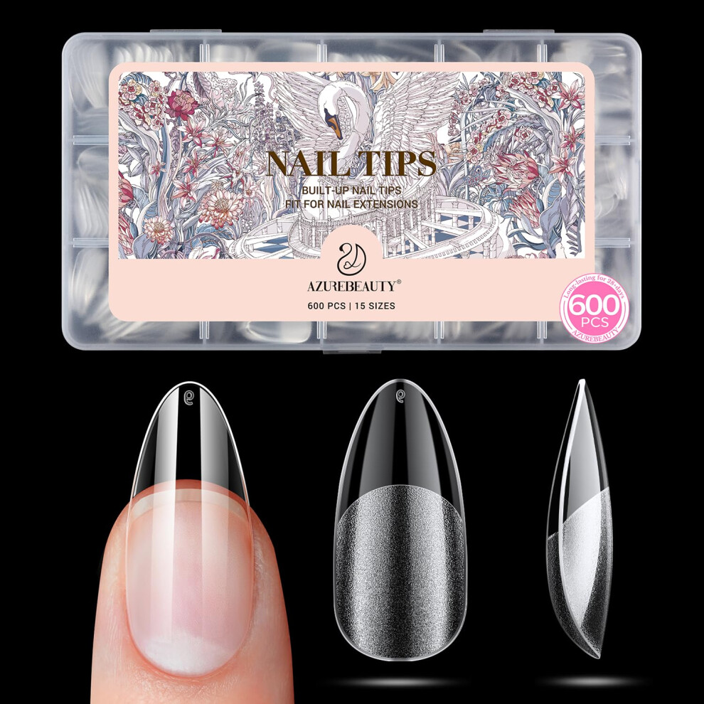 Azurebeauty Medium Almond Nail Tips, 600Pcs Soft Nail Tips For Gel Extensions Half Matte Full Cover Clear Acrylic Gel Kit False Press On Nails