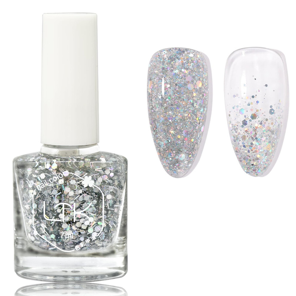 Eonfave Silver Glitter Nail Polish - Diamond Sparkle Long Lasting Varnish - Flash Shinny, No Baking & Easy To Apply For Women