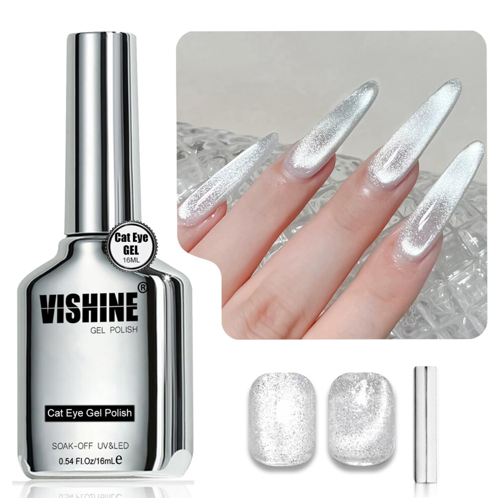 Vishine Silver 16Ml Cat Eye Gel Nail Polish Â Glitter Holographic Gel, Reflective Translucent Uv Gel, Crystal Shade (H001)
