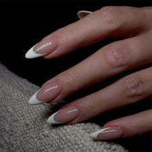 30Pcs Almond False Nails - French Tip Natural Nude Style - Medium Length Glossy Full Cover Press On Nails - Removable DIY Nail Art