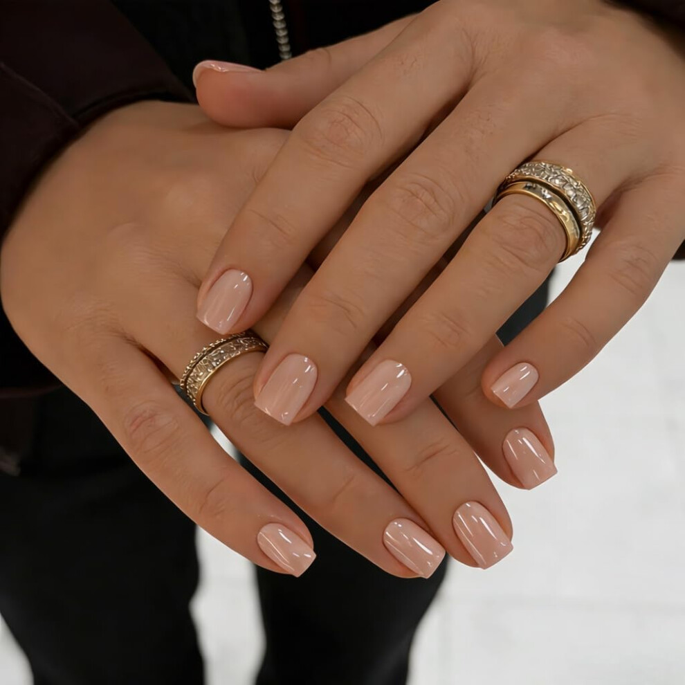 Sxvme Cream Chrome Press On Nails Short Square, 30 Pcs Glazed Pastel Nude False Nails With Shimmer Mirror Effect, Reusable Thick Quality