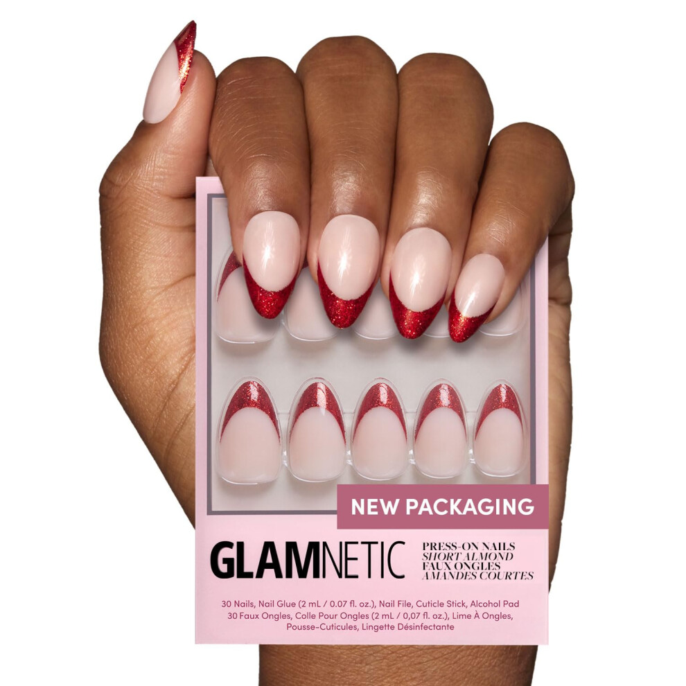 Glamnetic Red Press On Nails - Affair | Short Almond Glitter French Tip Nails With A Glossy Finish | 15 Sizes - 30 Nail Kit With Glue