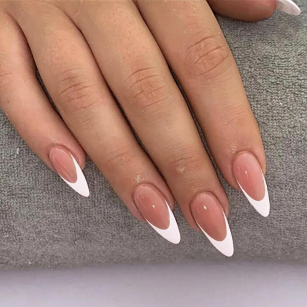 Nlfox Pink,Cream Press On Nails - 24Pcs Almond False Nails - Nude Pink French Tip False Nails - 12 Sizes Stick On Nails For Women - Medium Length Glue On Nails