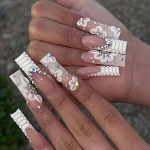 24pcs Extra Long Coffin False Nails - French Tip, Glitter Pink, Butterfly Rhinestone, Removable Glue-on, Full Cover Ballerina Fake Nails