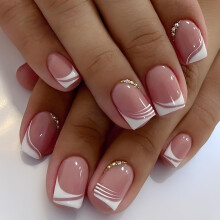 24Pcs, French False Nails Short,Classic French Fake Nails, White Tip & Square Pattern, With a Glue