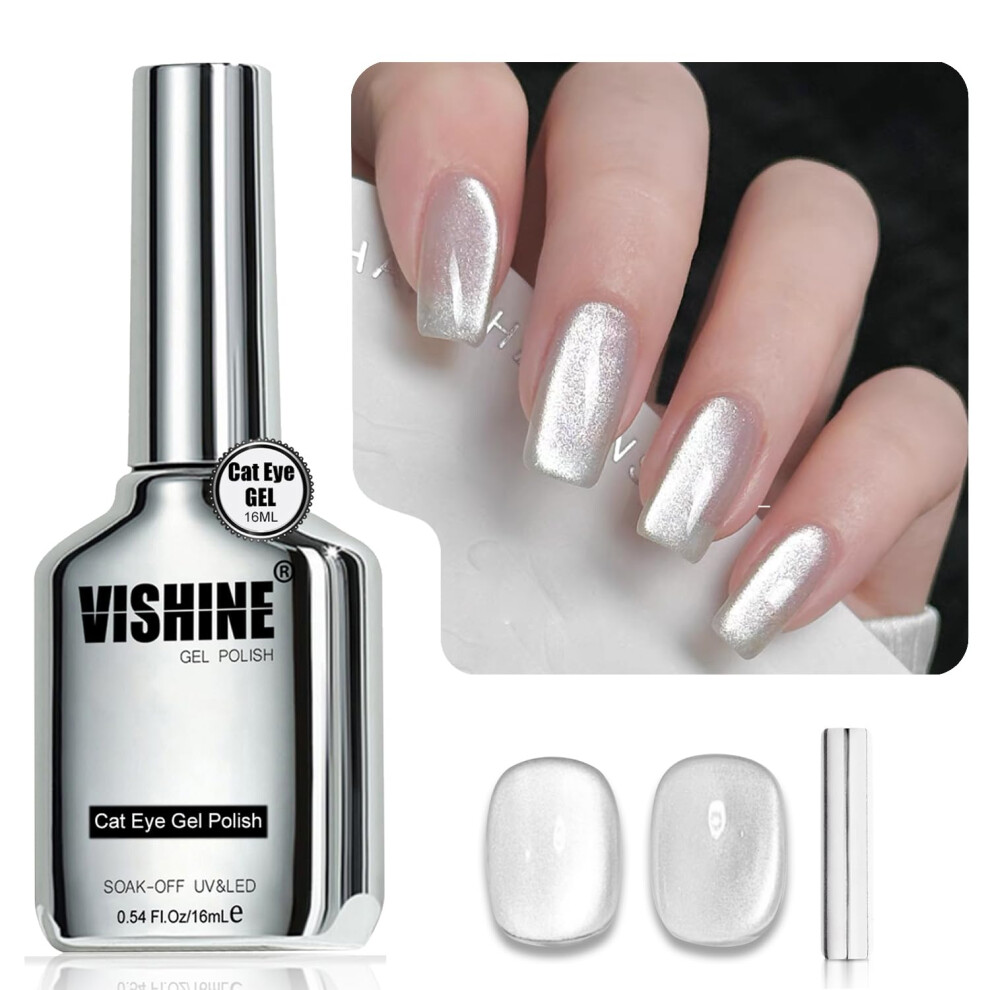 Vishine Silver Cat Eye Gel Nail Polish Â 16Ml Glitter Holographic Gel, Reflective Translucent Uv Gel For Nail Art, Dust (H003)