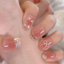 Pink Stick On Nails, Coffin False Nails With Glue 24Pcs - Ombre Pink With Hearts Bows Cats Stars Design - 12 Sizes Fake Nail Set