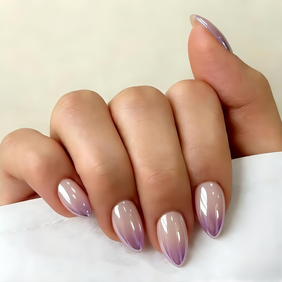 Sxvme Lilac Chrome Ombre Press On Nails Short Almond, 30 Pcs Glazed Gradient False Nails With Shimmer Mirror Effect