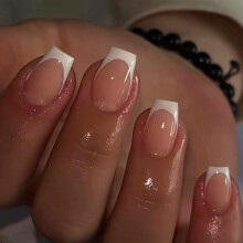 24pcs Short Square False Nails French Tip White Edge Stick on Nails Butterflies Press on Nails Nude Pink False Nails Removable Glue-on Nails Full