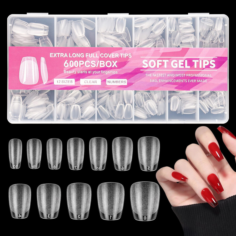Muexoee 600Pcs Medium Square Nail Tips - 12 Sizes Soft Gel Full Cover Nails-Tips, Clear Acrylic False Press On Nail Tip