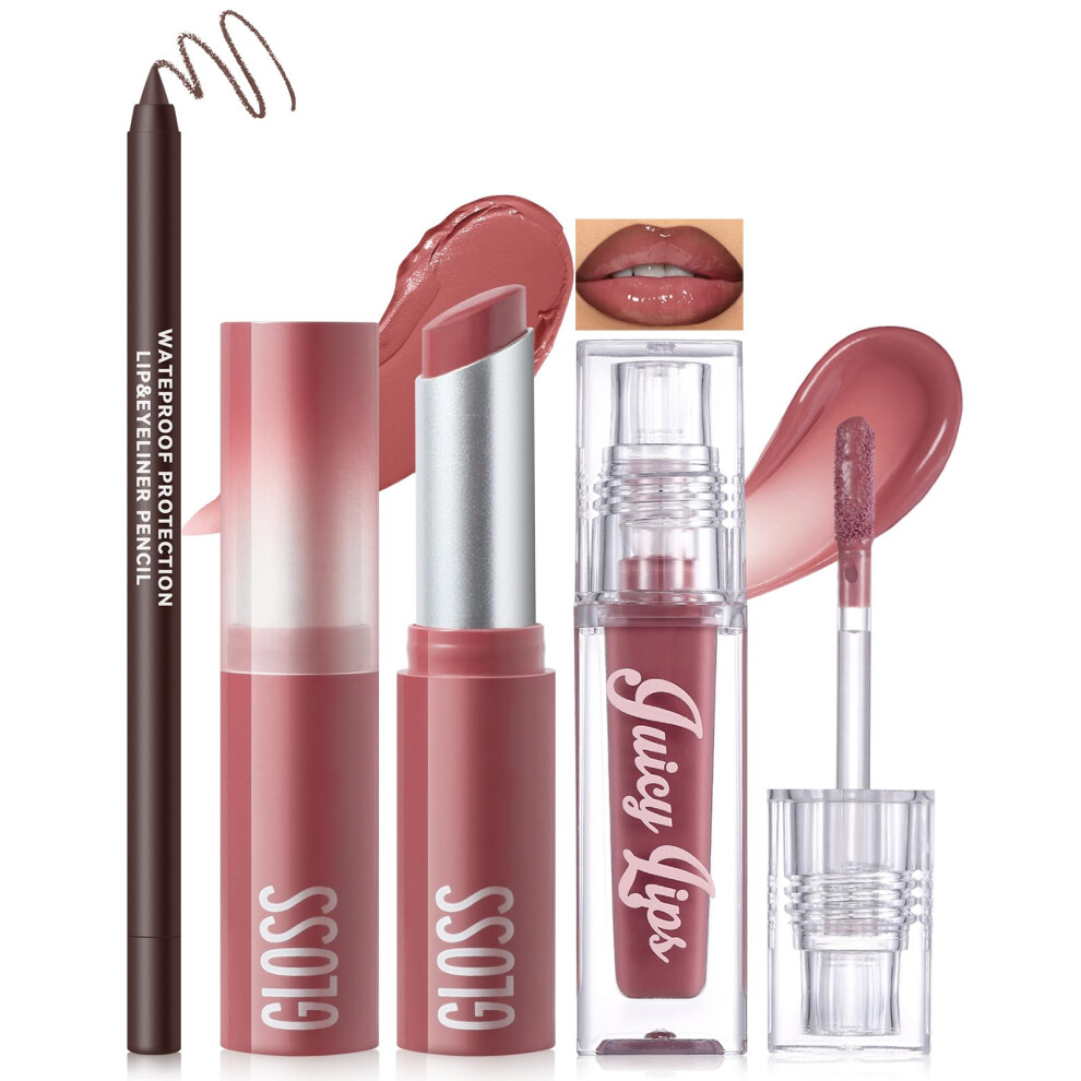 Noerrors Red,Brown,Purple 3Pcs Matte Liquid Lipstick Lip Balm & Lipliner Kit, Hydrating Tinted Brown Lipstick, Plum Cherry Lip Gloss For Dry Lips Dewy Plumping Effect