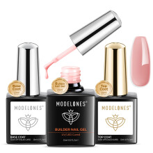 Modelones Pink Brown Builder Gel with Top Coat and Base Coat Set, 3Pcs No Wipe Base and Top Coat with Hard Gel Builder for Nails