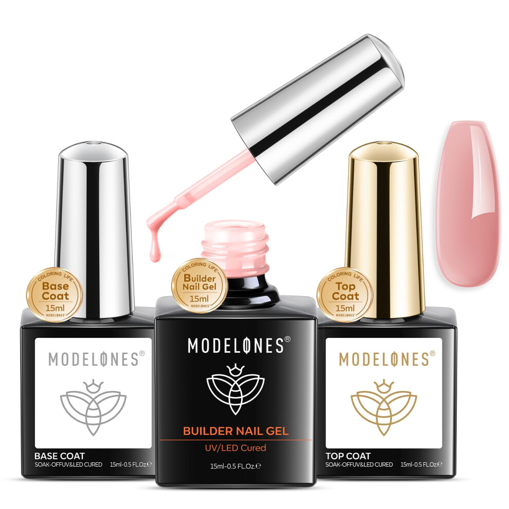Modelones Pink/Brown Builder Gel With Top Coat And Base Coat Set, 3Pcs No Wipe Base And Top Coat With Hard Gel Builder For Nails