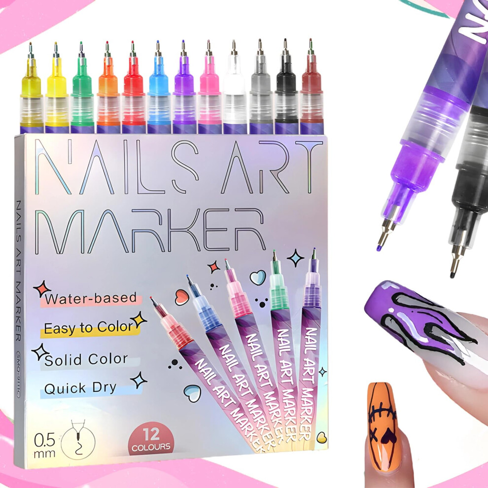 Gorvalin Fine Tips 3D Nail Art Polish Pens, 12 Colors 0.5Mm Nail Tip Pens Nail Point Graffiti Dotting Pen Drawing Painting Liner Brush For Home Salon