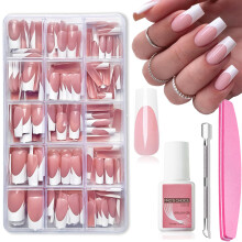 French False Nails - 240 Pcs Coffin Press on Nails Set - Fake Nails Nude Color French False Nail Kit