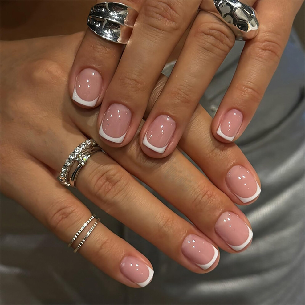 Nlfox Pink,Cream Short False Nails French Tip - 24Pcs Short Square Press On Nails - French Tip Stick On Nails - Nude Pink Fake Nails With Glue