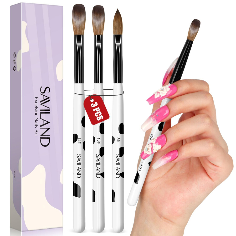Saviland Acrylic Nail Brush Set: 3Pcs Professional Nail Brush For Acrylic Powder Nails Kolinsky Acrylic Brush Wooden Handle Nail Art Brushes Nail