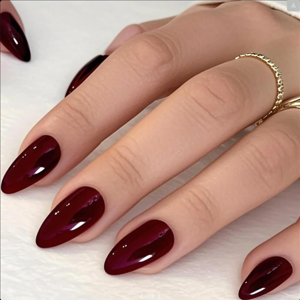 Glamermaid Press On Nails Almond Medium 24 Pcs, Handmade Jelly Soft Gel Deep Red Glue On Nails Stiletto, Burgundy Gothic Fake Nails Set