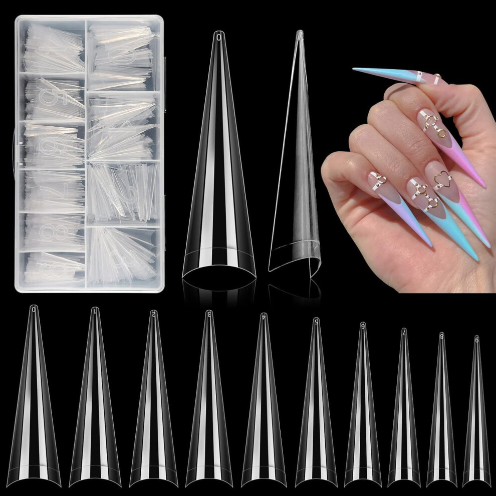Lionvison 500 Pcs Stiletto Long Nail Tips: Long Clear False Nails - Half Cover Straight Tapered Nail Art Without C Curve Nail Art