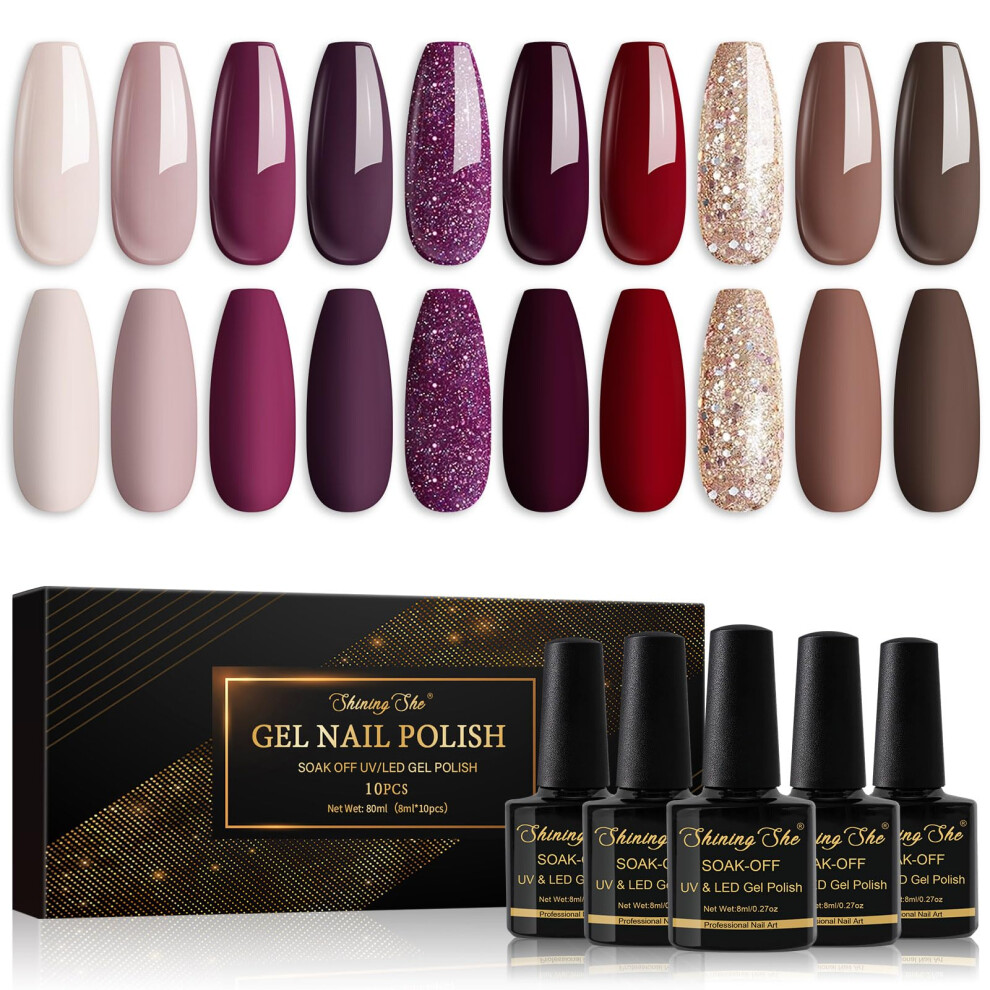 Shining She Beige/Purple/Red Nail Polishes, 10 Colours Taupe Brown Gold Glitter Gel Polish Set Soak-Off Uv/Led Nail Polish Gel For Nail Art Salon Diy