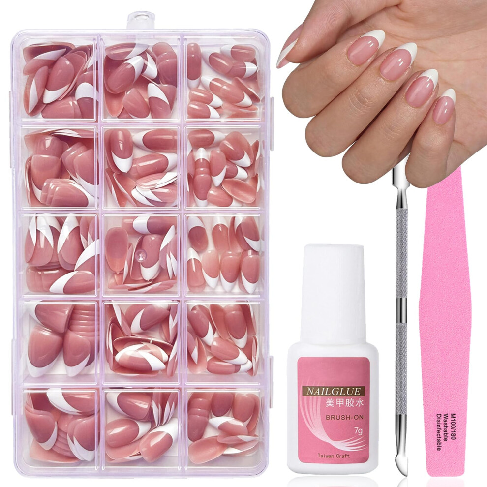 Eonfave Pink French False Nails - 240 Pcs Almond Press On Nails Set - Fake Nails Nude Color French False Nail Kit