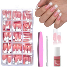 Press on Nails - 240 Pcs Coffin French False Nails Set - Fake Nail Nude Color French False Nail Kit - 15 Size Full Cover Stick On Nail