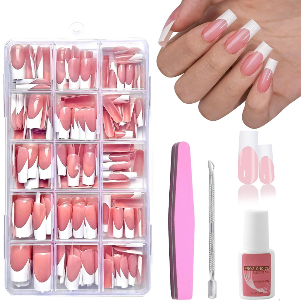 Eonfave Press On Nails - 240 Pcs Coffin French False Nails Set - Fake Nail Nude Color French False Nail Kit - 15 Size Full Cover Stick On Nail