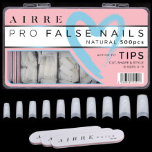 500 AIRRE Pro Acrylic Nail Tips & 3 Files with Box - (10 Sizes) French Square Half Cover False Nails. For Salons MUA & Home DIY. Use: Cut