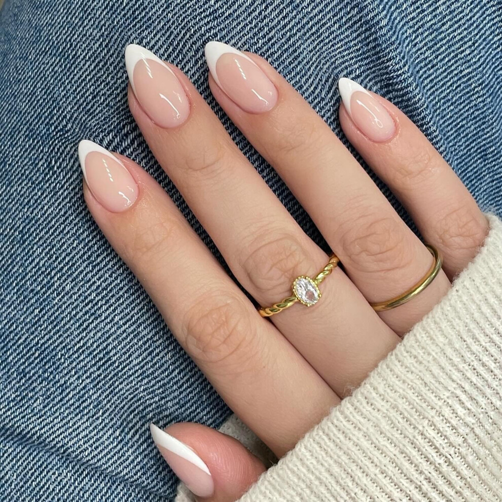 Sxvme White 30 Pcs Acrylic Press On Nails Short Almond, French Tip False Nails Short Pointed Stiletto