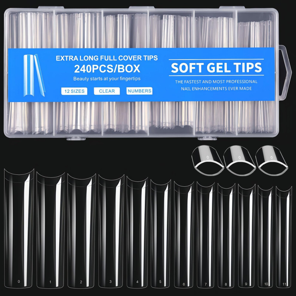 Yiqicomle 240Pcs Clear Extra Long Nail Tips, 3XL Straight Square No C Curve Acrylic False Artificial False Nail Tips For Nail Extension Salons Nail