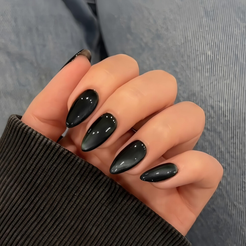 Kqueenest Black Cat Eye Press On Nails Almond Medium, Glazed Glitter False Nails Medium