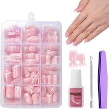 Press on Nails - 240 Pcs French False Nails Short - False Nails Kit with Glue - Fake Nails Nude Color French False Nail Kit