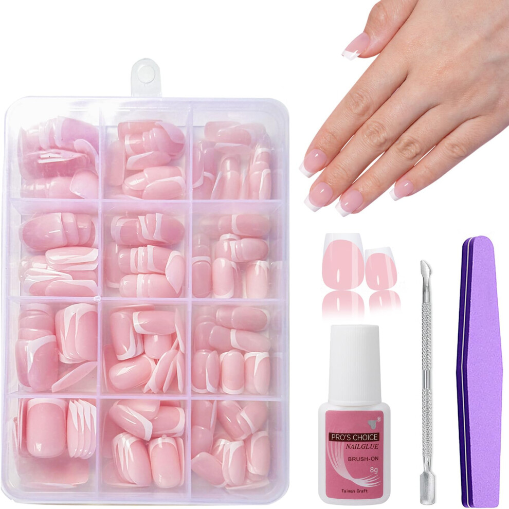 Eonfave Press On Nails - 240 Pcs French False Nails Short - False Nails Kit With Glue - Fake Nails Nude Color French False Nail Kit