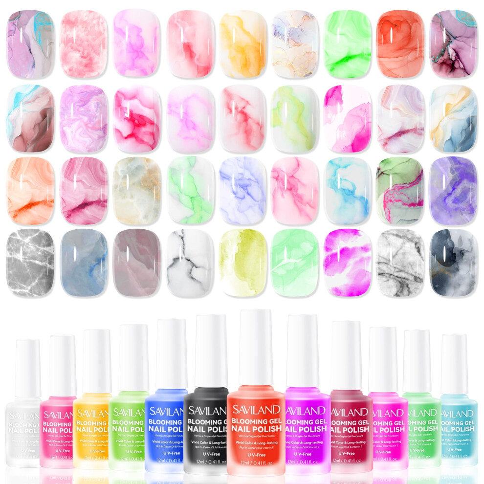 Saviland Blooming Gel Nail Polish Color Artistry: Oil Painting Effect Nail Blooming Gel Polish 12Pcs Dopamine Color Marble Nail Polish Watercolor