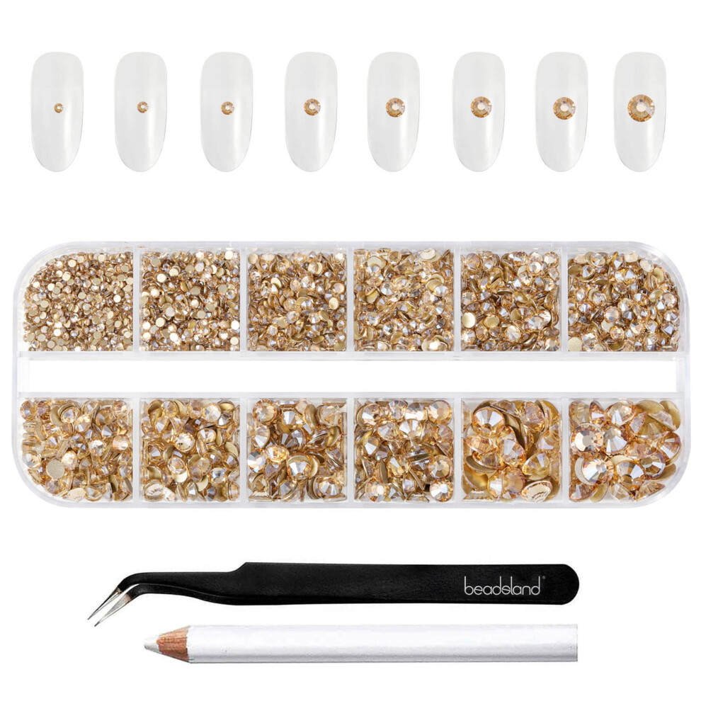 Beadsland Gold/Golden Rhinestones For Makeup,8 Sizes 2500Pcs Flatback Rhinestones Eye Gems For Nails Crafts With Tweezers And Wax Pencil,En