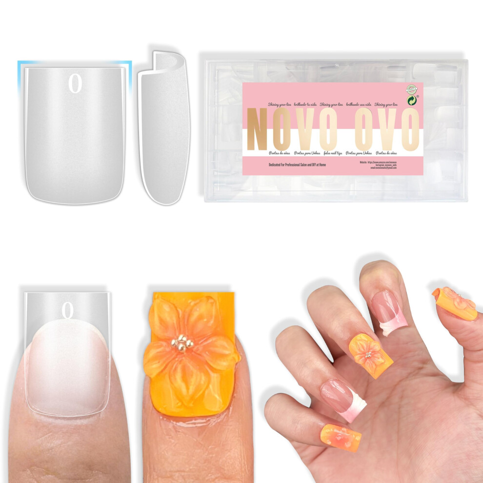 Novo Ovo Sharp Square Short Nail Tips Press On, Natural (Not Sculpted) No C Curve Soft Gel Double Matte Clear Fake Nail Extension