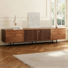 (240CM) 240cm Walnut Tv Stand With Slatted Doors & Black Metal Legs