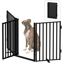 Bknius Free Standing Dog Fence with Door for Indoor Outdoor, Portable Dog Gate Foldable Design, Metal Black 32" Tall, 3 Panels Use for Front Door, Yar