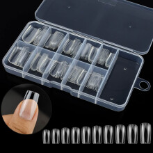 100 Pcs Clear False Nail Tips with Storage Case-Full Cover Coffin Nails in 10 Sizes for Nail Salons and DIY Nail Art-Long Lasting and Durable